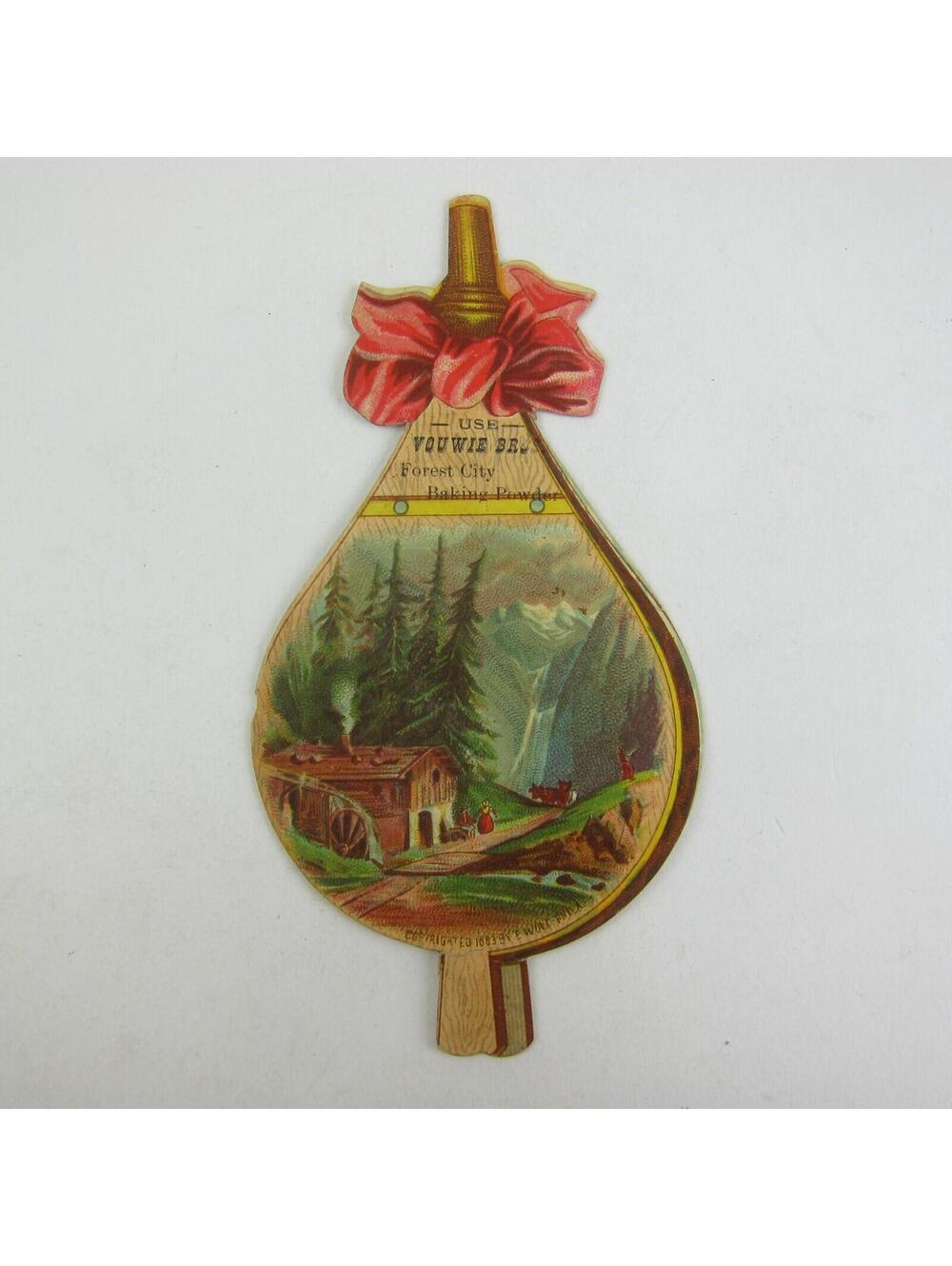 Victorian Trade Card Die-Cut Fireplace Blower Waterfall Pine Trees Antique 1883